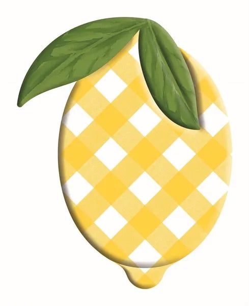 Round Metal Embossed Checked Lemon Wreath Sign- 12”x9.5”