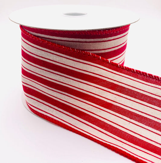 10 Yards - 2.5” Ivory Canvas Dark Red Ticking Stripe Ribbon