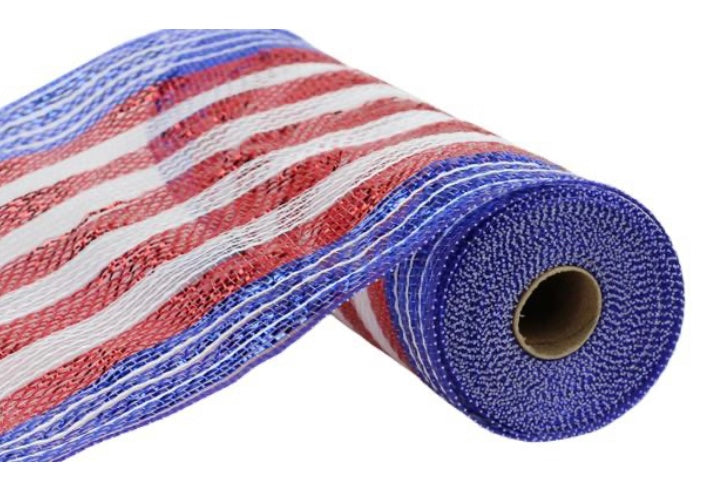 10.5 inch x 10 Yards Red, White and Blue Jute Metallic Mesh