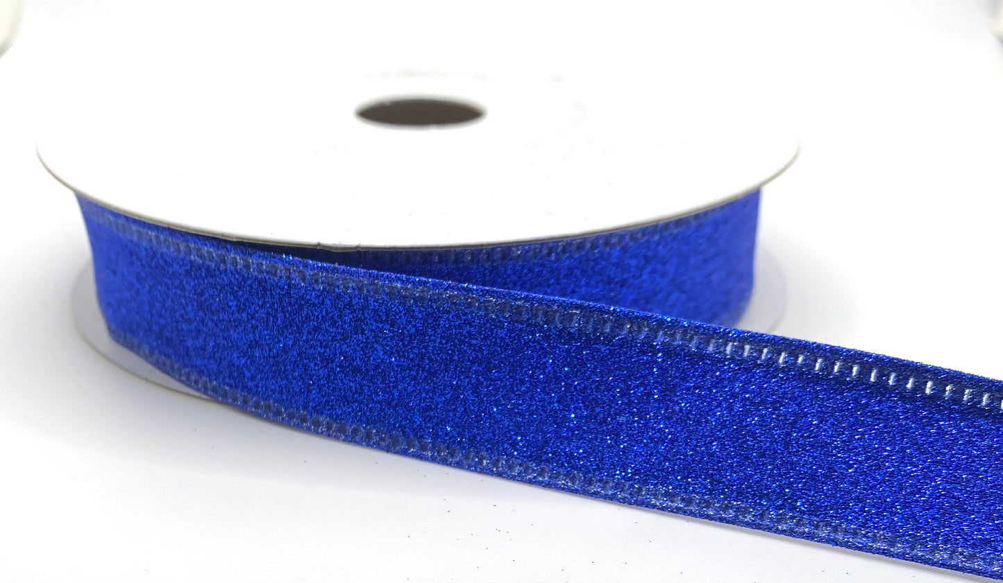 10 Yards - 7/8" Wired Royal Blue All Flat Glitter Ribbon