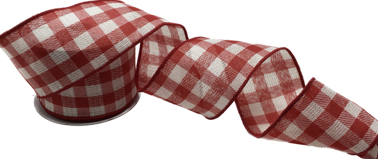 10 Yards - 2.5” Wired Red and White Gingham Ribbon