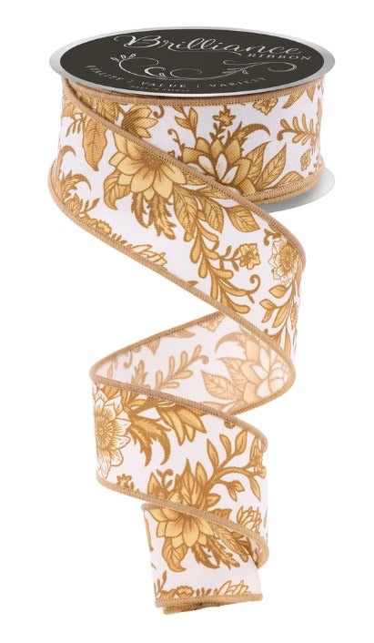 Wired Ivory and Tan Chinoiserie Spring Ribbon- 1.5”x10 Yards
