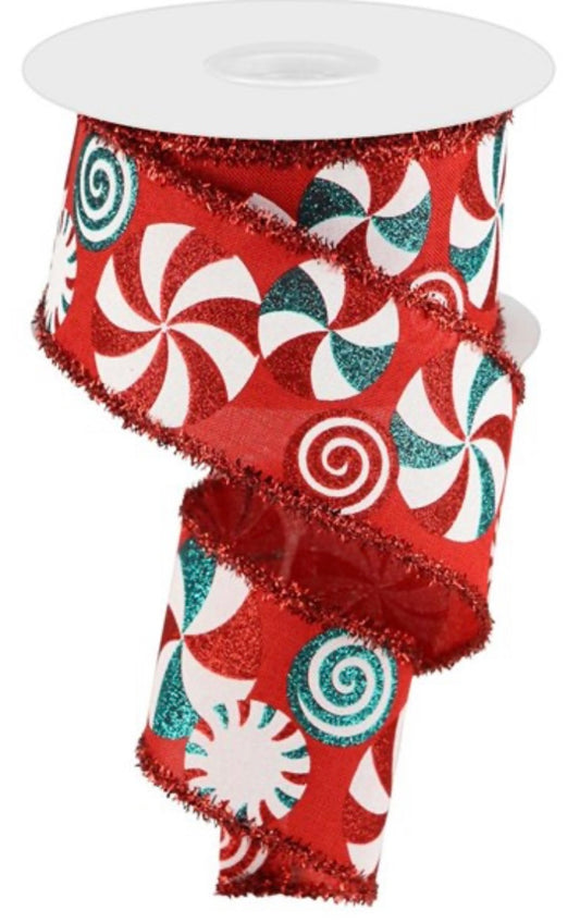 10 Yards - 2.5” Wired Peppermint Candy with Tinsel Edge Christmas Ribbon