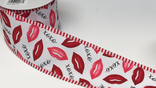 10 Yards - 2.5" Wired Lipstick Lips XOXO Valentines Day Ribbon with Red and White Stripe Edge