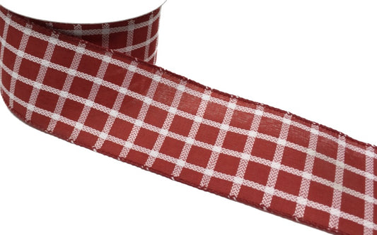10 Yards - 2.5” Wired Red and White Stitched Check Ribbon