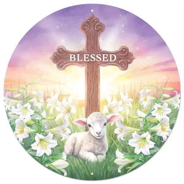 12” Round Metal Blessed Easter Wreath Sign