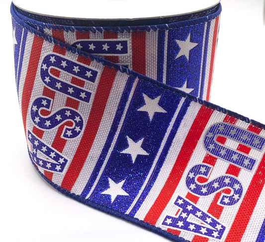 10 Yards - 2.5” Wired Patriotic USA Ribbon on White Background with Glitter Accent