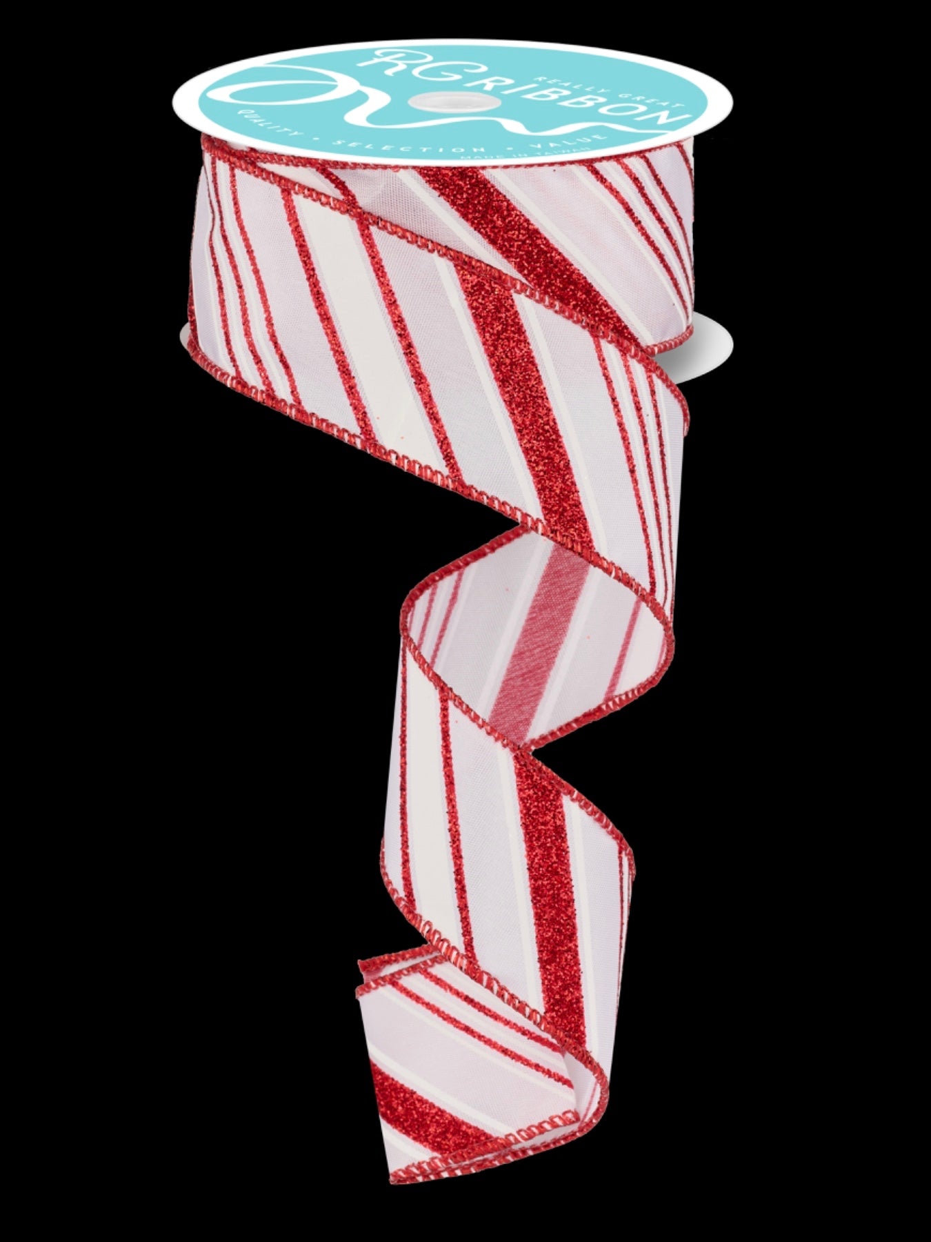 10 Yards - 1.5" Wired White with Red Glitter Swirl Stripe Ribbon