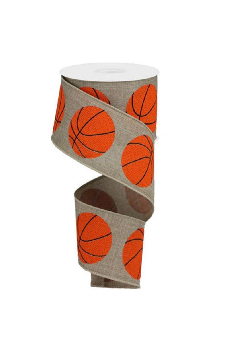 10 Yards - 2.5" Wired Natural Background Basketball Ribbon