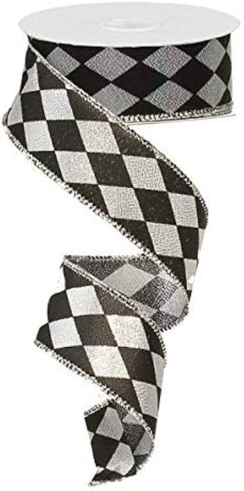 10 Yards - 1.5” Black and Silver Metallic Harlequin Ribbon