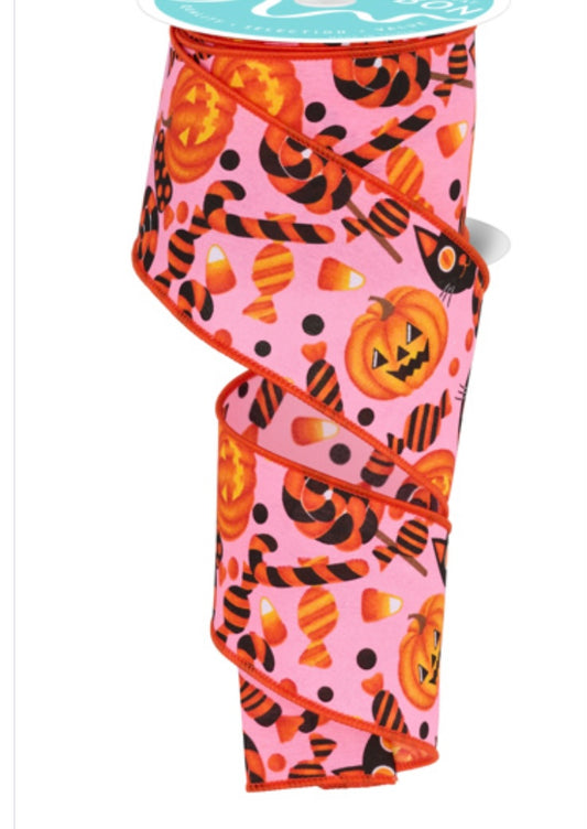 10 Yards - 2.5” Wired Pumpkin Cat Candy Ribbon