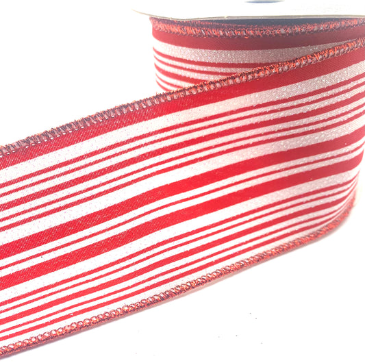 10 Yards - 2.5” Wired White Satin Red Varied Irid Stripes Ribbon