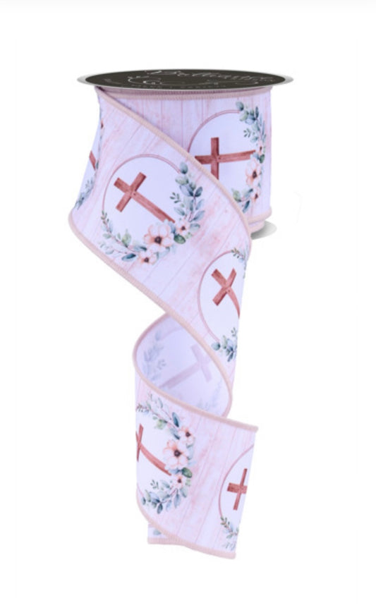 10 Yards - 2.5" Wired Floral Cross Religious Ribbon