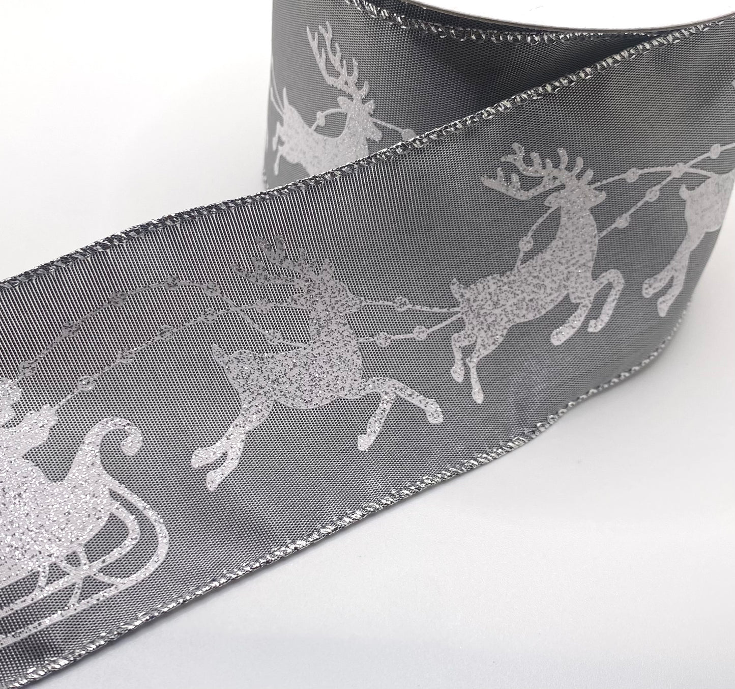 10 Yards - 2.5" Wired Silver Satin Santa and Reindeer Ribbon