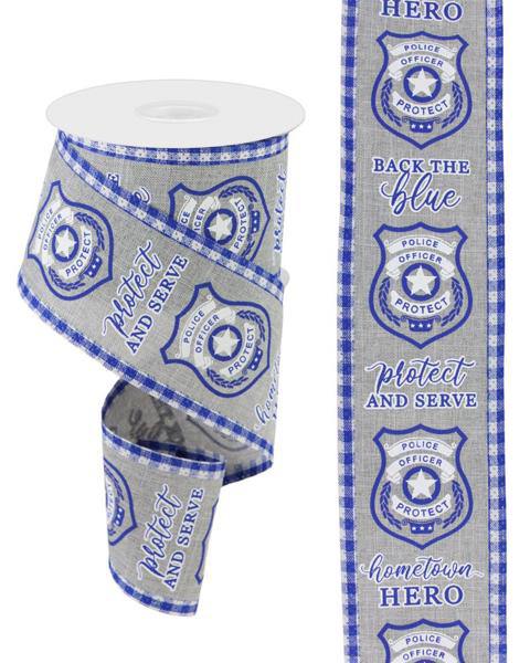 10 Yards - 2.5" Wired Gray Background Police Support Ribbon with Blue and White Check Edge