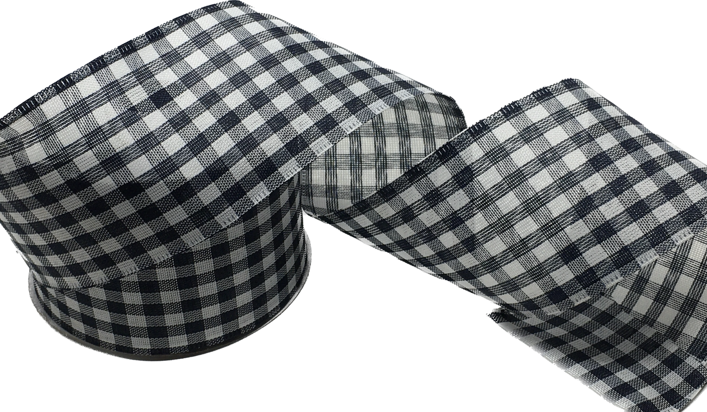 10 Yards - 2.5” Wired Black and White Gingham Ribbon