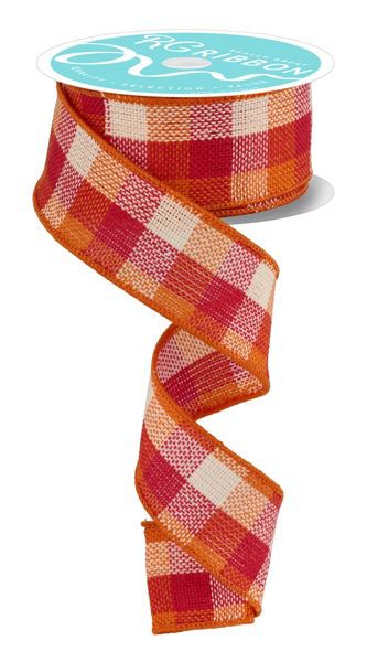 10 Yards - 1.5" Wired Red, Orange, and White Check Fall Ribbon