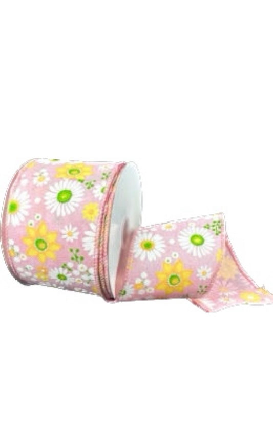 Wired Pink Linen Spring Flowers Ribbon-2.5”x10 Yards