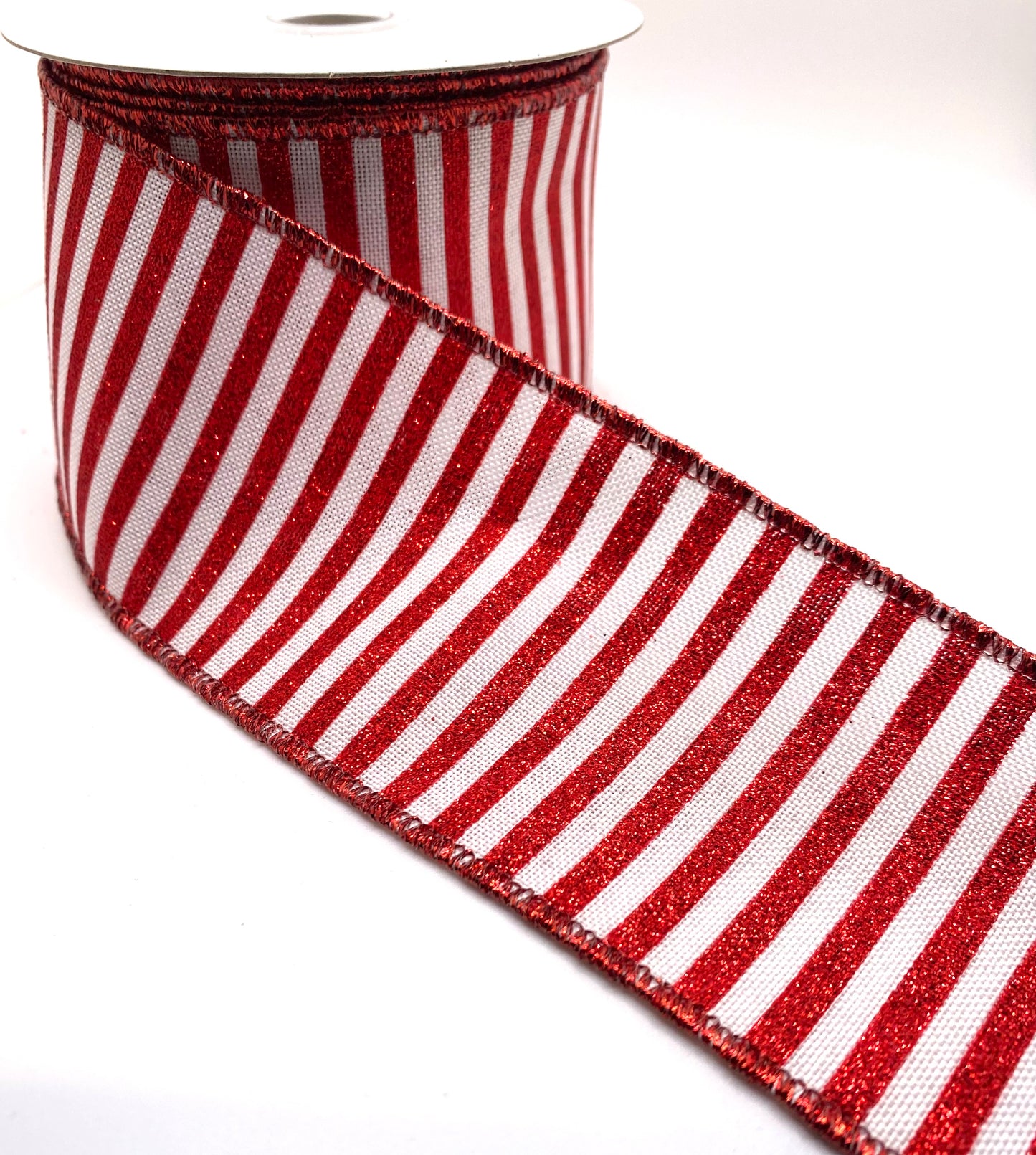 10 Yards - 2.5” Wired White Linen Red Glitter Horizontal Stripes