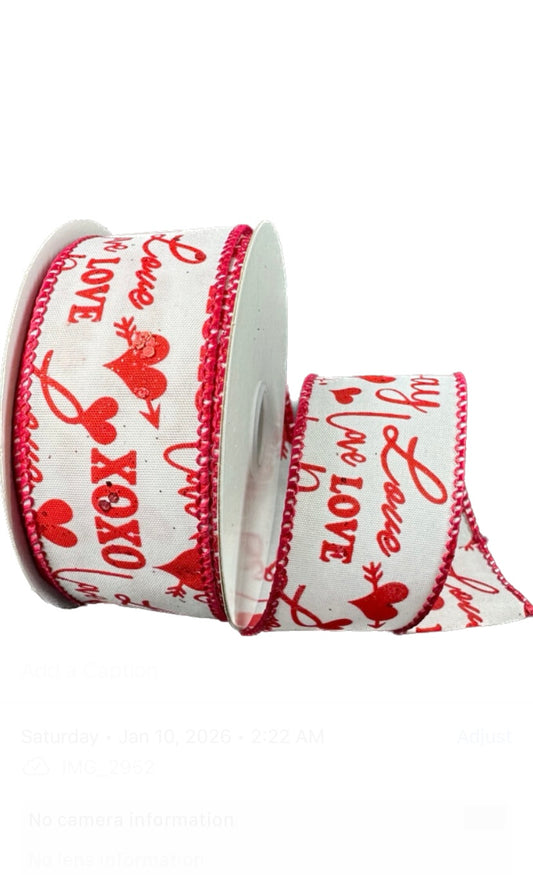 Wired White Satin Red Love XOXO Script Red Glitter Accent Valentines Day Ribbon- 1.5”x10 Yards