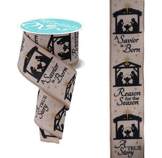 Wired Natural Jesus Is The Reason For The Season with Gold Glitter Accent Christmas Ribbon- 2.5”x10 Yards