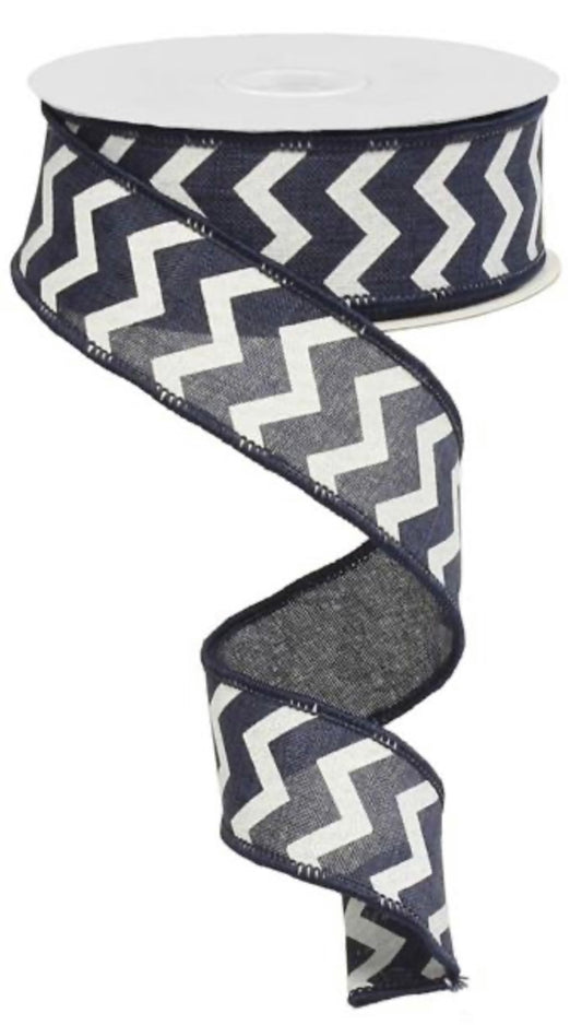 1.5”x 10 Yards Wired Navy Blue and White Chevron Ribbon