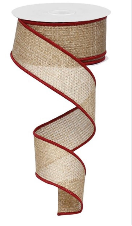 Wired Beige with Burgundy Edging Cross Royal Burlap Ribbon- 1.5”x10 Yards