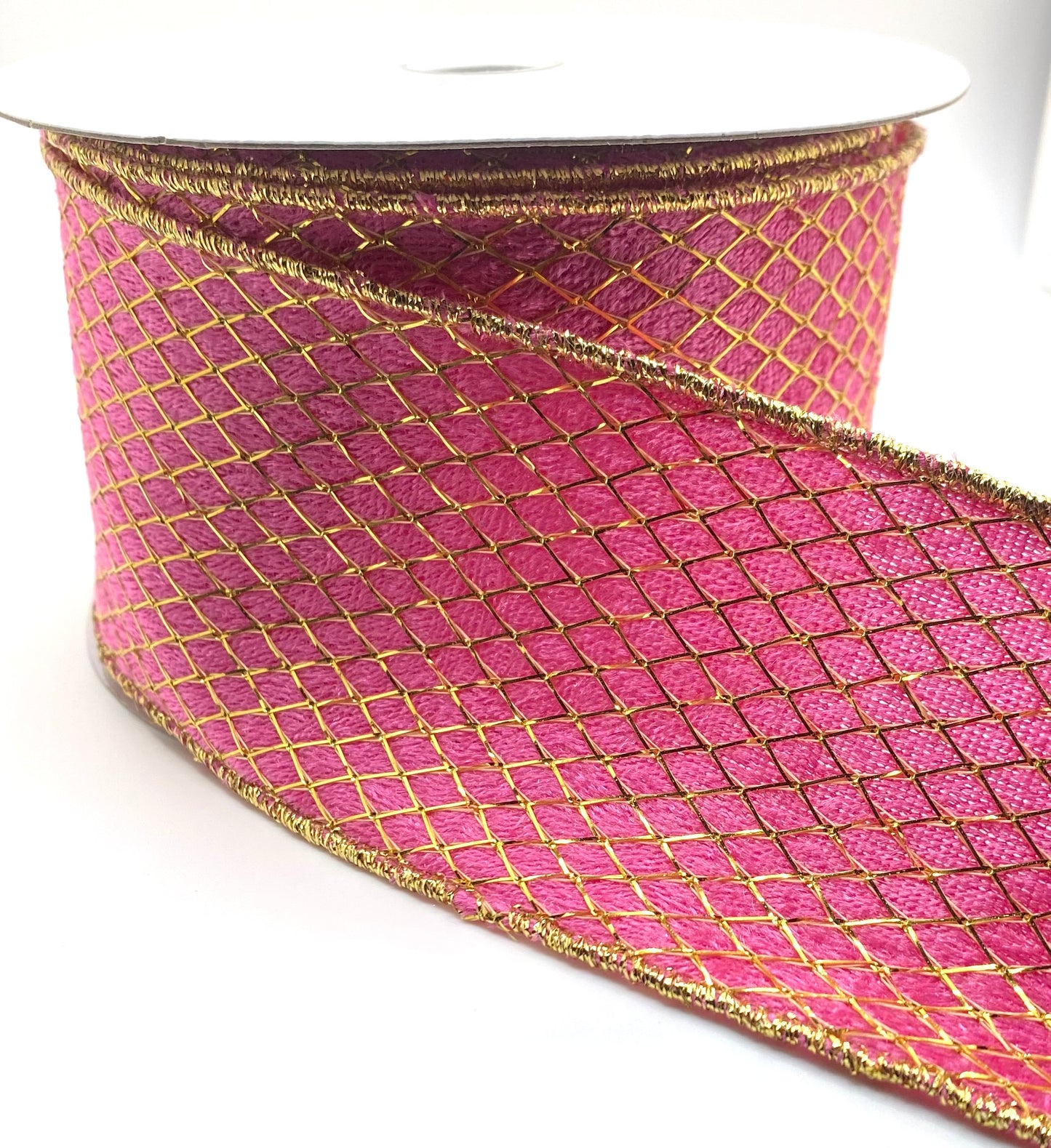10 Yards - 2.5” Wired Pink Velvet Gold Net Overlay Ribbon