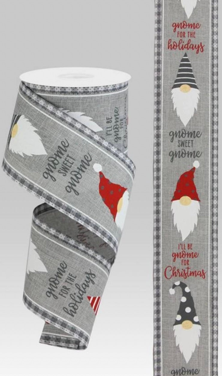 10 Yards - 2.5" Wired I’ll Be Gnome for Christmas Ribbon with Check Edge