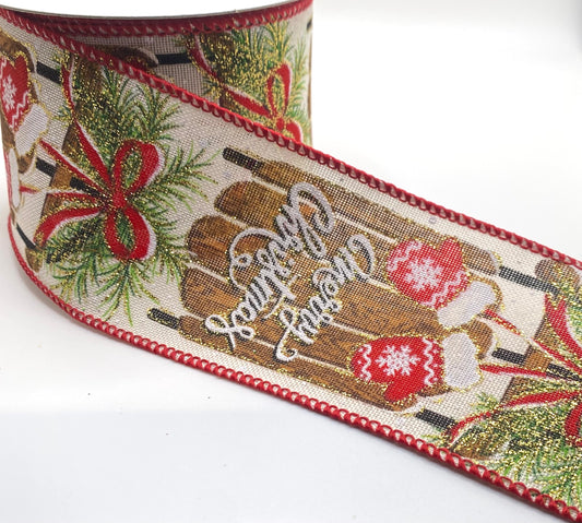 10 Yards - 2.5” Wired Light Linen Merry Christmas Red Mittens Sled Ribbon