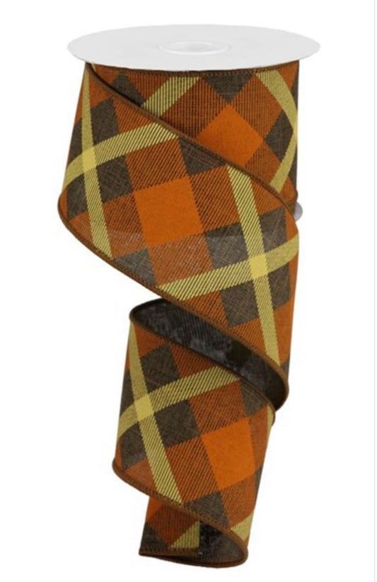 10 Yards - 2.5” Wired Orange, Brown and Cream Fall Cross Plaid Ribbon