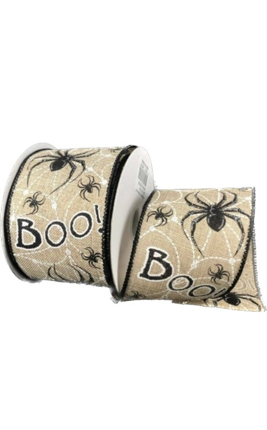 Wired Natural Spiders and BOO Halloween Ribbon-2.5”x 10 Yards