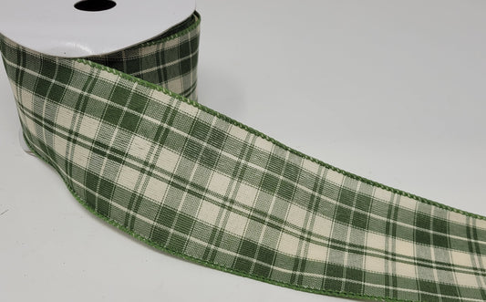 10 Yards - 2.5" Wired Olive Green and Cream Check Fall Ribbon