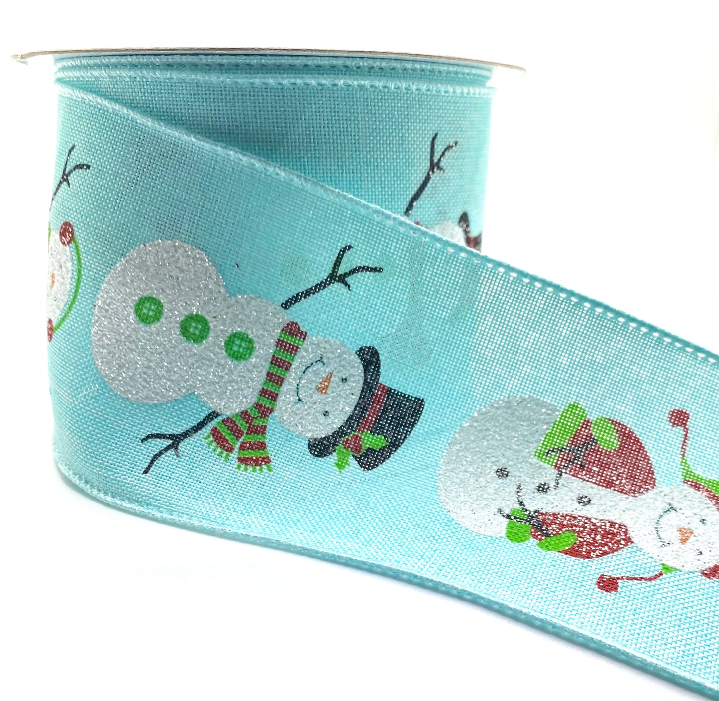 2.5”x 10 Yards- Snowman Ribbon on Light Blue Background