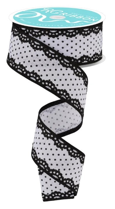 Wired White and Black Swiss Dot Ribbon with Black Lace Detail-1.5”x10 Yards