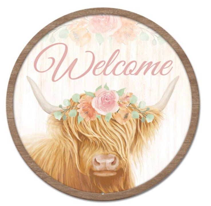 12" Round Metal Cow Welcome Wreath Sign