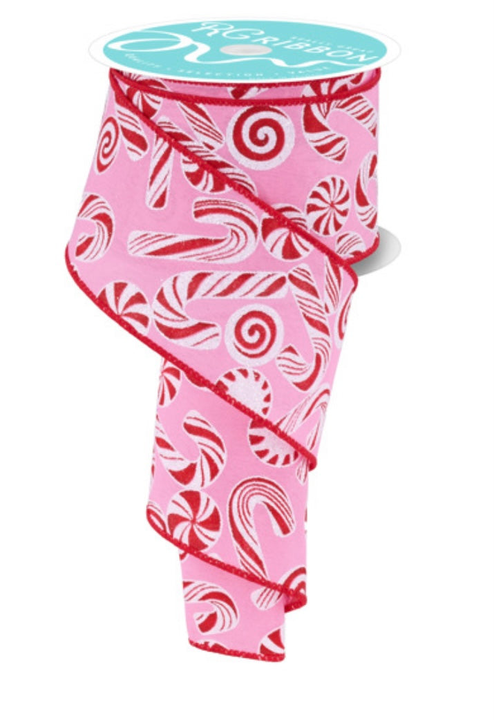 Wired Pink Background Peppermint and Candy Cane Christmas Ribbon- 2.5”x10 Yards