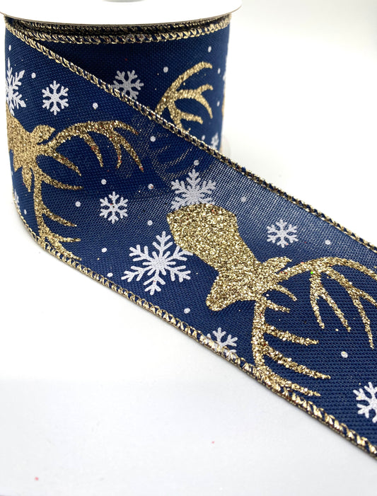 10 Yards - 2.5” Wired Navy Linen Gold Deer and Snowflake Ribbon