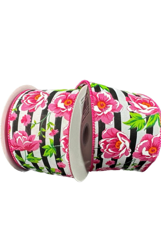 10 Yards - 2.5" Wired Black and White Cabana Stripe Pink Peonies Ribbon