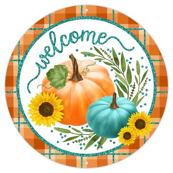 12” Round Metal Fall Welcome Pumpkin and Sunflowers Wreath Sign