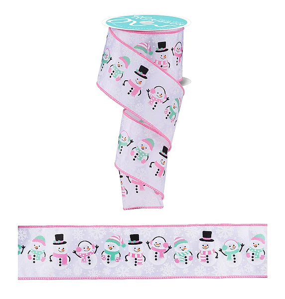 Wired Pastel Winter Snowmen on White Ribbon-2.5”x10 Yards