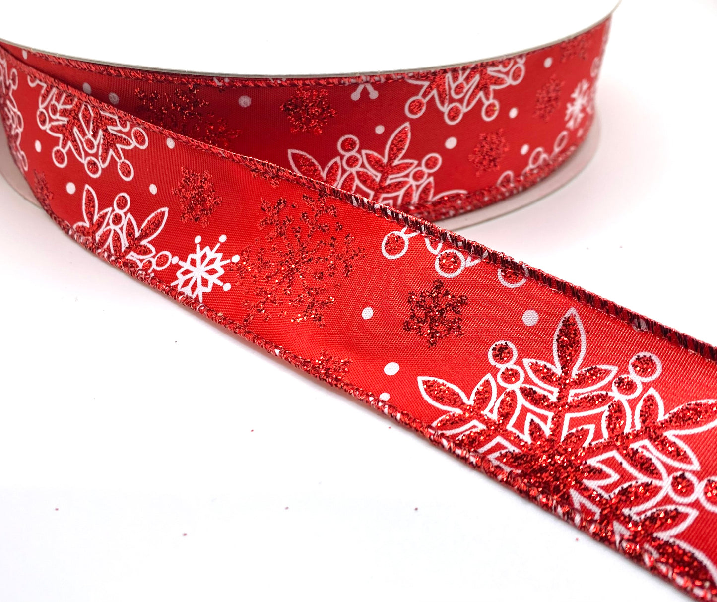 50 Yards - 1.5” Wired Red and White Snowflakes Ribbon