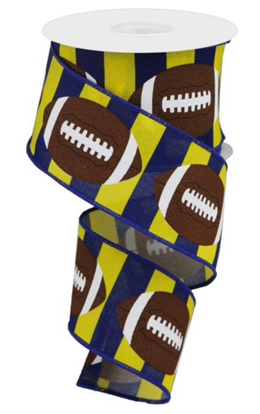 10 Yards - 2.5” Wired Yellow with Navy Blue Stripes Football Ribbon