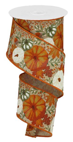 10 Yards - 2.5” Wired Natural Pumpkin Acorn and Fall Leaves Ribbon