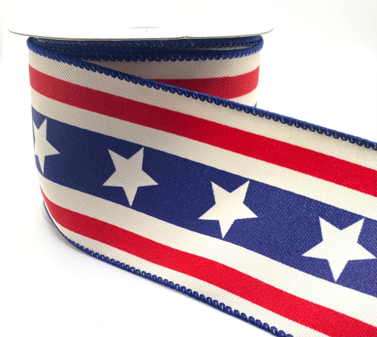 10 Yards - 2.5” Wired Patriotic Stars and Stripes Ribbon