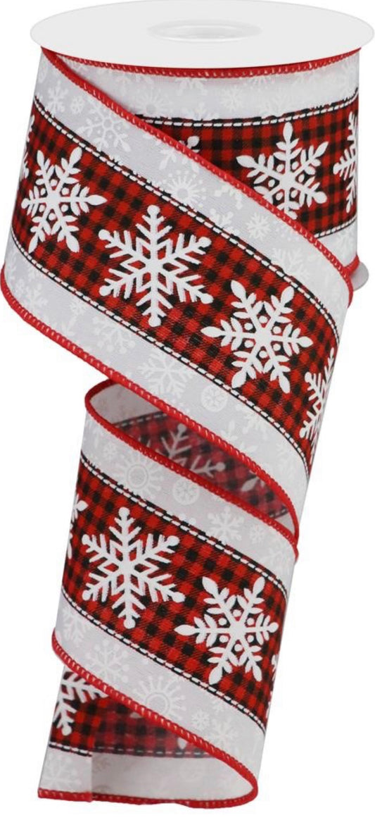 10 Yards - 2.5” Wired Red and Black Check Snowflake Ribbon