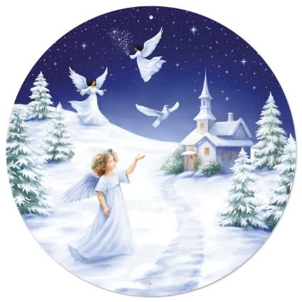 Angel in Winter Scene Wreath Sign-12” Round