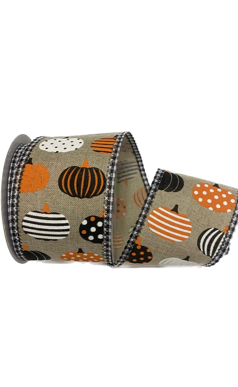 Wired Natural Background Pumpkin Ribbon with Black and White Gingham Border - Fall Ribbon - Halloween Ribbon-2.5”x10 Yards