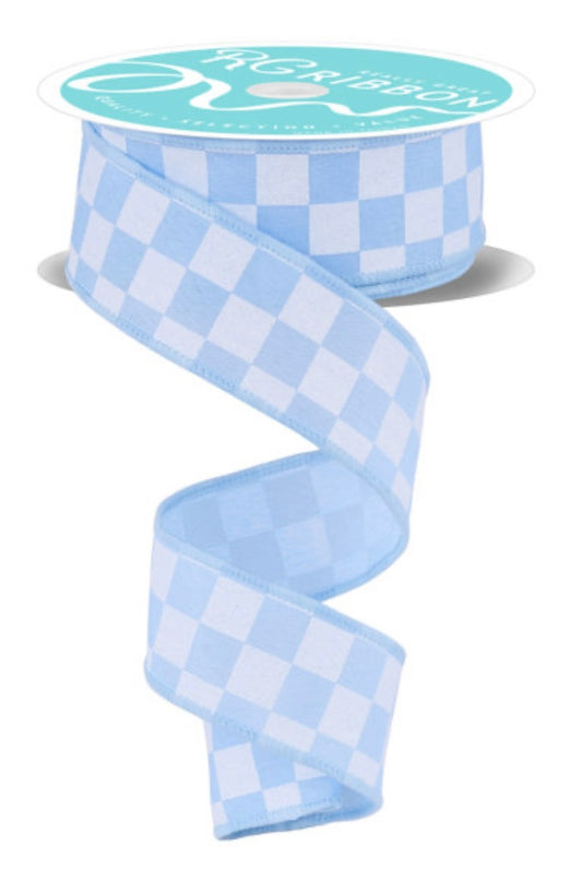 Wired Light Blue and White Print Glitter Check Ribbon- 1.5”x10 Yards