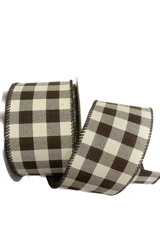 Wired Chocolate and Cream Printed Check Ribbon, Fall Ribbon for Bows, Everyday Ribbon- 2.5”x10 yards